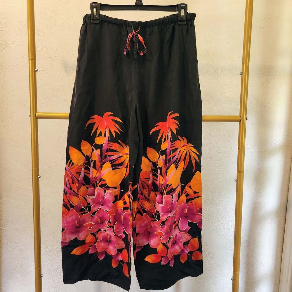Dana Buchman Silk Pants Size M Black Tropical Floral Wide Leg Drawstring